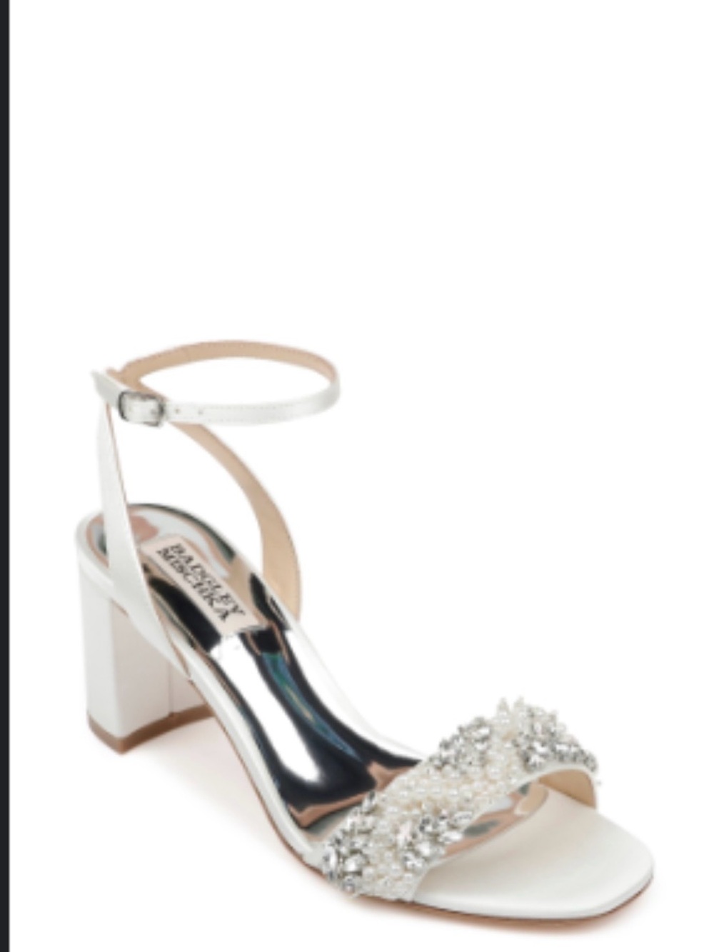 Badgley Mischka White Pearl & Crystal Ankle-Strap Block Heel Sandal